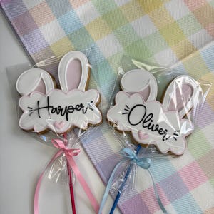 6 Personalized Easter Bunny Ear Cookie on a Stick – Custom Name Treat!