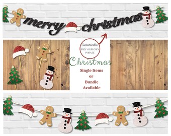 Christmas Party Decor Bundle: Customizable Banner, Cupcake Toppers, Confetti