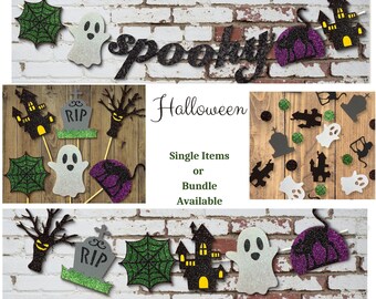 Halloween Party Decor Bundle: Spooky Banner, Confetti, Cupcake Toppers