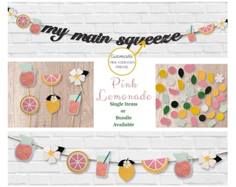 Pink Lemonade Party Decor: Cupcake Toppers, Confetti, Garland & Banner