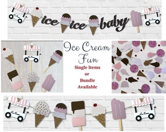 Ice Cream Party Decor Bundle: Cupcake Toppers, Confetti, Garland & Customizable Banner