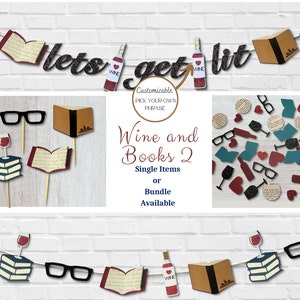 Books and Wine Book Club 2 Books Cupcake Toppers (12) Read Confetti (200) Literature Garland Book Club Bundle Books and Drinks Party Decor