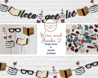 Books and Wine Party Decor Bundle: Cupcake Toppers, Confetti, Garland