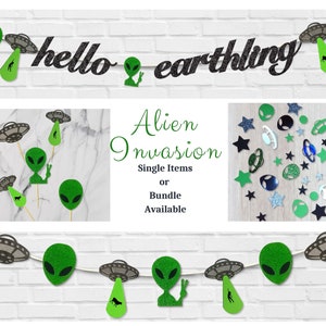 Alien Invasion Party Decor, Alien Invasion Cupcake Toppers (12), Confetti (200), Alien Garland, Hello Earthling Banner Party Supply Bundle