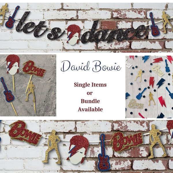 David Bowie Party Decor - Ziggy Stardust Cupcake Toppers (12) - Confetti (200) - Rebel Garland - Customizable Banner - Bundle- party decor
