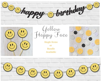 Glitter Happy Face Cupcake Toppers: Groovy Party Decor (Set of 12)