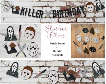 Slasher Movie Birthday Party Decor: Cupcake Toppers, Banner, Confetti