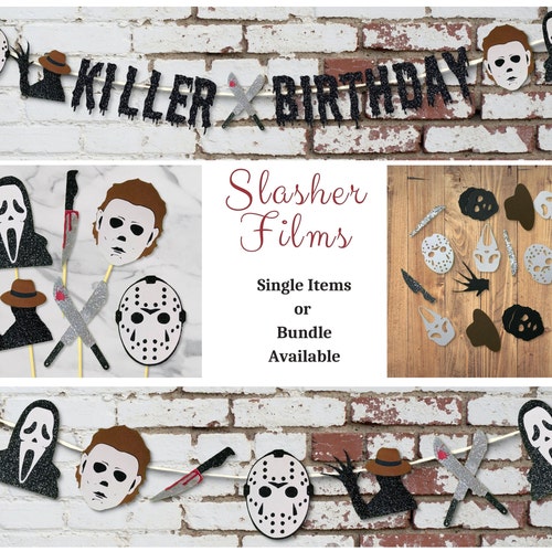 Decoración de fiesta de cumpleaños de terror con temática de películas slasher: adornos para cupcakes, pancarta, confeti.