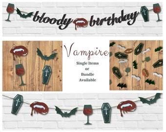 Vampire Party Decor Bundle: Birthday Banner, Garland, Cupcake Toppers, Confetti