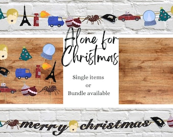 Alone for Christmas Party Decor Bundle: Banner, Cupcake Toppers, Garland, Confetti