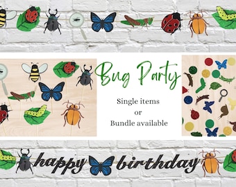 Bug Birthday Party Decor Bundle: Garland, Banner, Confetti, Cupcake Toppers