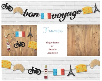 French Party Decor Bundle: Bon Voyage Banner, Cupcake Toppers, Garland, Confetti