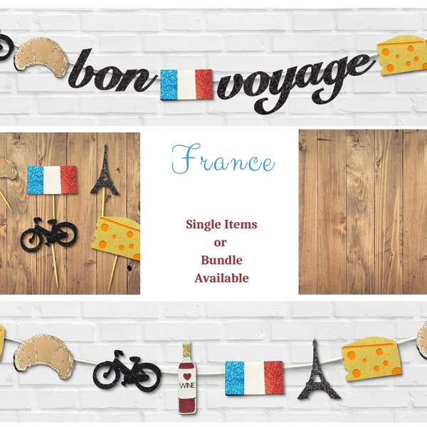 France Party Decor - French cupcake topper (12) Bonjour France Garland - Bon Voyage Banner - Bonsoir C'est La Vie Birthday Retirement Bundle