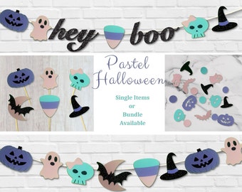 Pastel Goth Cute Halloween Party Decor: Cupcake Toppers, Banner, Confetti