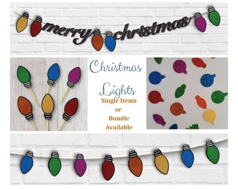 Retro Christmas Lights Party Decor - Cupcake Toppers (12) - Confetti (200) - Garland - Customizable Banner - Bundle