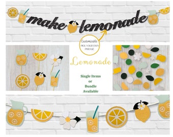 Lemonade Party Decor Bundle: Citrus Garland, Confetti, Cupcake Toppers
