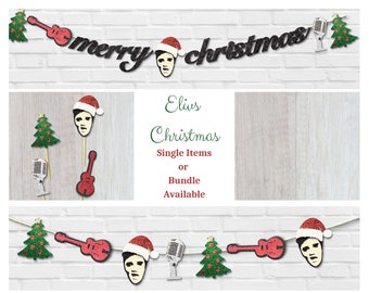 Elvis Christmas Party Decor: Garland, Cupcake Toppers, Confetti Bundle
