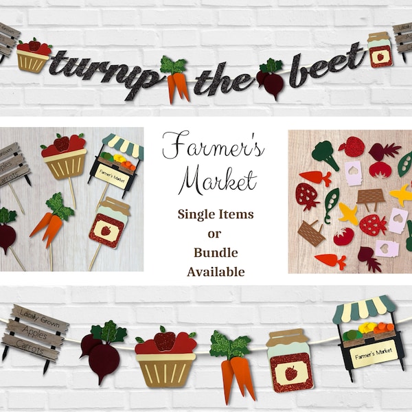 Farmer's Market Party Decor- Farm Fresh Cupcake Toppers (12)- Produce Confetti (200)-Market Garland-Customizable Banner- Party Supply Bundle