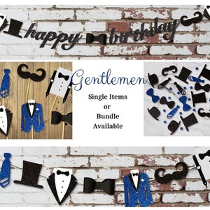 Gentleman Party Decor Cupcake Toppers (12) - Mr. Onederful Confetti (200) - Mister Boss Garland -Customizable Banner - Little Man Bundle