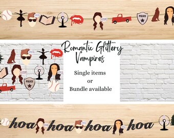Romantic Glittery Vampires Party Decor Bundle: Birthday Banner, Garland, Cupcake Toppers, Confetti