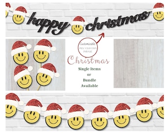 Christmas Smiley Face Party Decor Bundle: Cupcake Toppers, Confetti, Banner