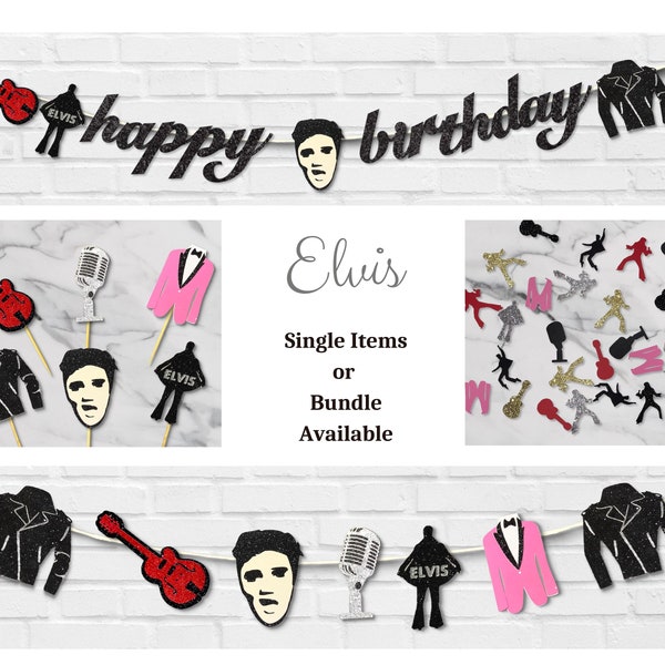 Elvis Party Decor- King of Rock n Roll cupcake toppers (12) - Elvis Presley garland - Elvis Birthday Banner- Rock Bundle Party Supply