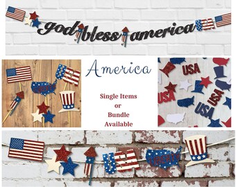 4th of July Party Decor Bundle: USA Cupcake Toppers, Confetti, Garland & Banner