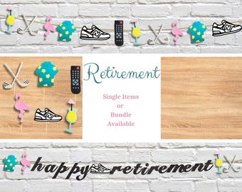 Funny Retirement Party Decor Bundle: Banner, Garland, Confetti, Cupcake Toppers