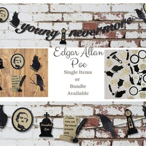 May include: A set of black and gold glitter paper cutouts featuring Edgar Allan Poe, a raven, a cat, a clock, a quill, and a tombstone. The cutouts are available as single items or as a bundle. The text "young nevermore" is visible in the top image. The text "Edgar Allan Poe" is visible in the middle image. The text "Single Items or Bundle Available" is visible in the middle image. The text "Annabel Lee" is visible in the bottom image. The text "I became insane with long intervals of horrible sanity" is visible in the bottom image.