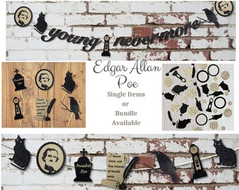 Edgar Allan Poe Party Decor Bundle: Cupcake Toppers, Confetti, Garland, Banner