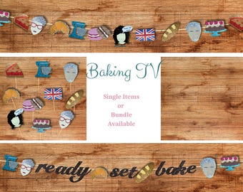 Baking TV Party Decor Bundle: Banner, Cupcake Toppers, Garland, Confetti