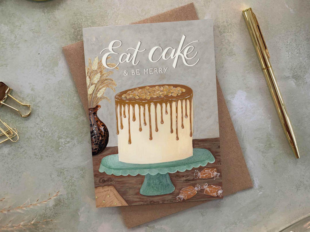 Birthday Cake Card | Hand Illustrated Design | Eat Cake & Be Merry - Etsy