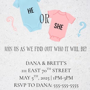 Invitación y tarjeta de agradecimiento para revelar el género del bebé (tema para él o ella) / Invitación editable en PDF, imprimible en rosa y azul, plantilla para baby shower