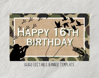 Plantilla de banner de feliz cumpleaños con estampado de camuflaje (editar en Canva)