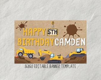 Plantilla de pancarta de cumpleaños con temática de construcción (editar en Canva)
