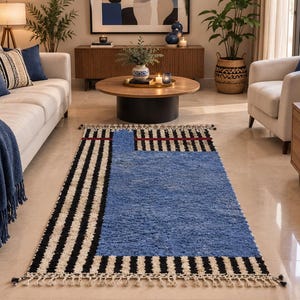 Handwoven Moroccan Wool Rug: Abstract Berber Design, Blue & White