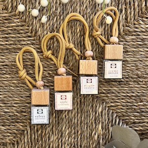 Op de afbeelding: Verschillende auto-luchtverfrissers met houten blokken en geuretiketten worden getoond. De labels luiden "Velvet Orchard", "Apple Caramel", "Pumpkin Hearth" en "Crème Brûlée". Elk heeft een gouden koord om op te hangen. De achtergrond is een geweven, bruin materiaal.