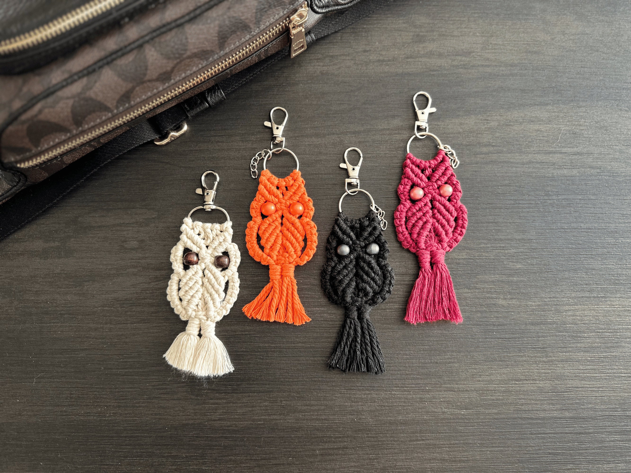 Handmade Macrame Owl Keychain - Cotton Boho Bag Charm In Custom Colors | Rustic Spiritual Animal Tot
