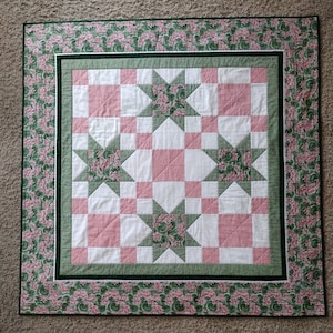Quilted Table Topper/Wall Hanging/Small Lap Quilt - Pink Geraniums - 46.25&quot; x 46.25&quot;