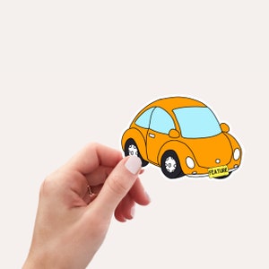 May include: A cartoon illustration of an orange car with a yellow license plate that says "FEATURE".