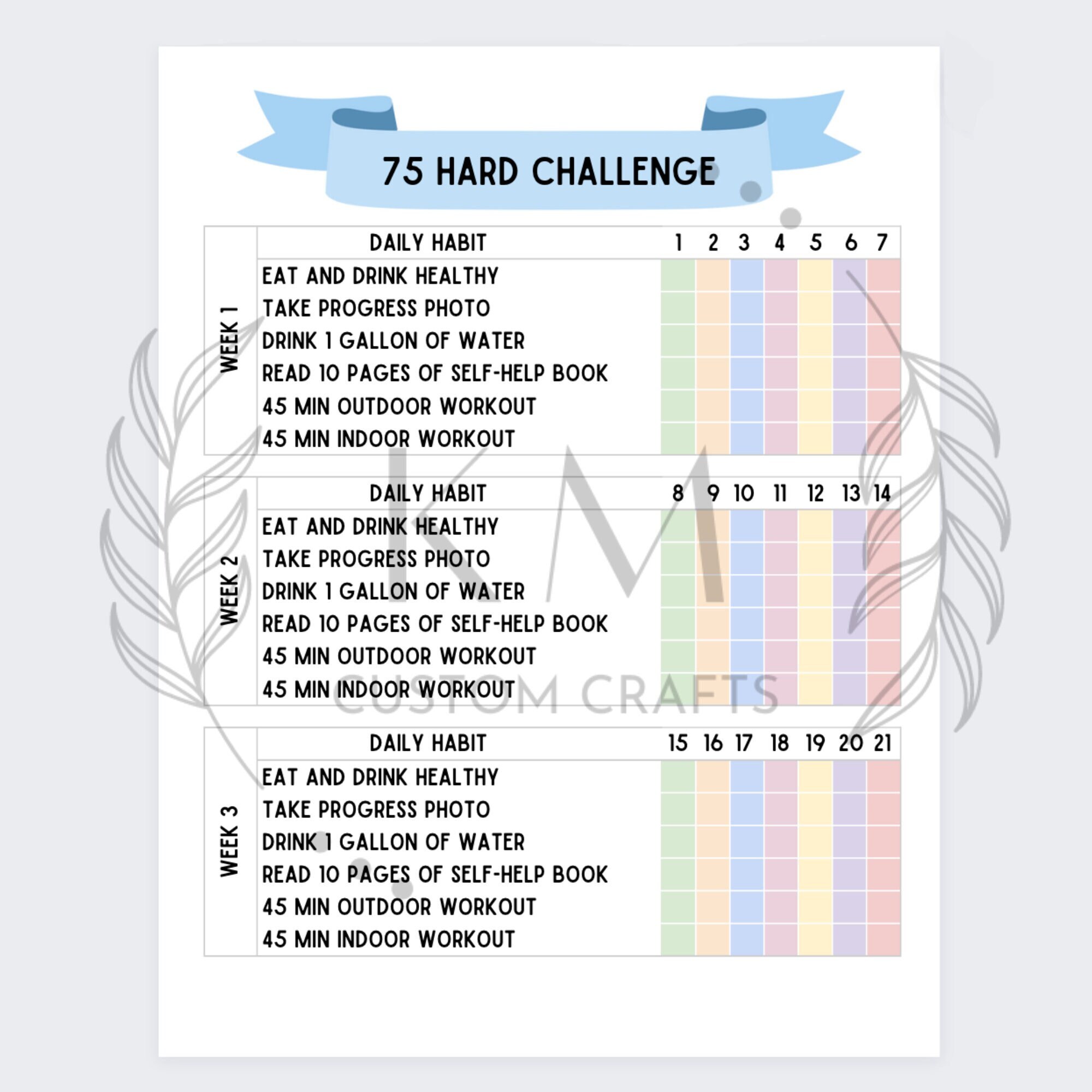 75 HARD Challenge PDF Digital Download Workout Tracker Habit Accountability Checklist Fitness Tracker