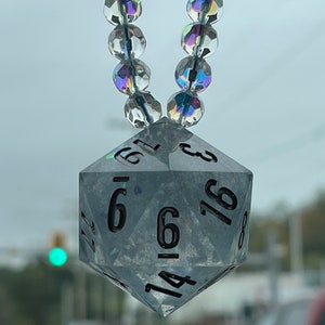 Rearview Mirror Car Accessory Chonk D20 Charm “Silvery Barbs” Dice Dungeons and Dragons DnD Accessory