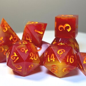 Handmade “Fire Shroud” sharp edge Dice for RPG TTRPG, Dungeons & Dragons/Pathfinder (FLAWED)