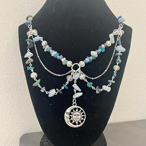 Silver Crystal Charm Necklace with chrysocolla, sodalite, and aquamarine/Moon & Sun/ Celestial Necklace/ Whimisgoth necklace