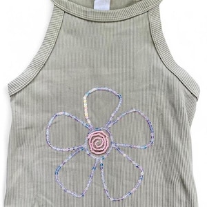 Hand Embroidered Beaded Tank Top/ y2k Flower Design/ Beaded Clothes/ Embroidered Clothes/ Green Tank Top/ Upcycled Clothes