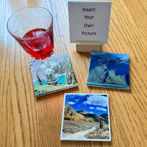 PERSONALIZED/CUSTOM photo Square CERAMIC Coasters /Set of 4 with Wooden Holder