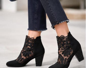 NEW Women’s Lace Ankle Boots Embroidered Mesh Block Heel size 7, Vintage Style Shoes with Gothic& Bohemian Vibes