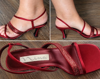 Nina Wine Satin Rhinestone Heels Women's Dress Sandals Size 8.5 M Burgundy Evening Wedding Shoes