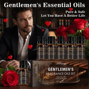 May include: A set of six 10ml amber glass bottles of Hopekey fragrance oils labeled Sweet Tobacco, Sandalwood, Cologne, Rum, Leather, and Cedar. The packaging features a glass of whiskey and a cigar, with text reading Gentlemen's Fragrance Oils Set.