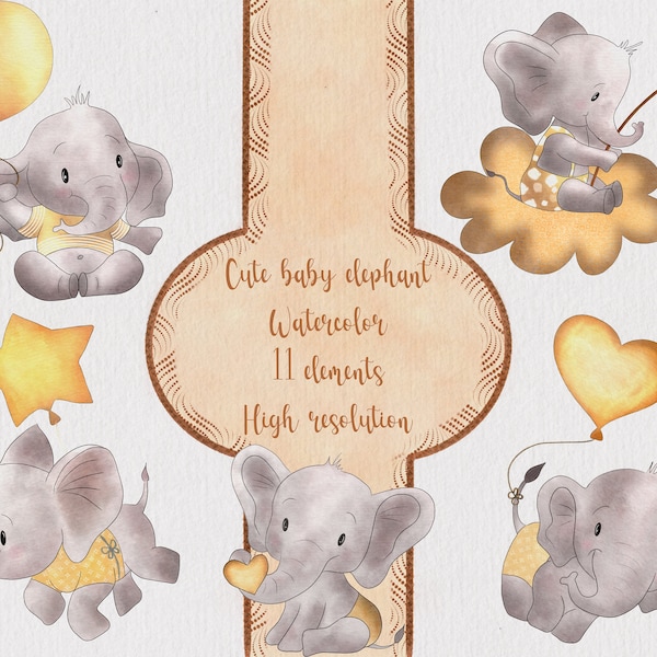 Cute watercolor elephant clipart, yellow set